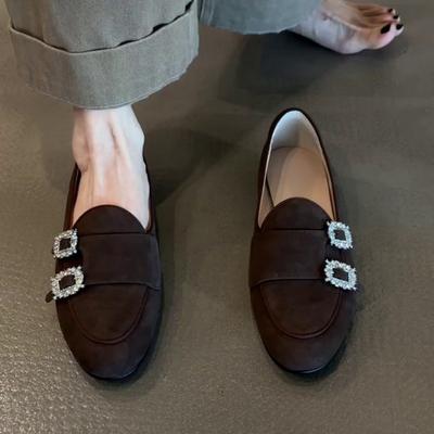 Sheepskin Version~ Retro Simple Rhinestone Square Buckle Single Shoes Women's 2025 New Fashion Is Not Tired, One Pedal Loafers