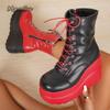 Color Blocked Side Zip Wedge Heel Mid-Calf Boots  Thick Sole Punk Gothic Boots For Women Front Lace Up Platform Shoes Botas
