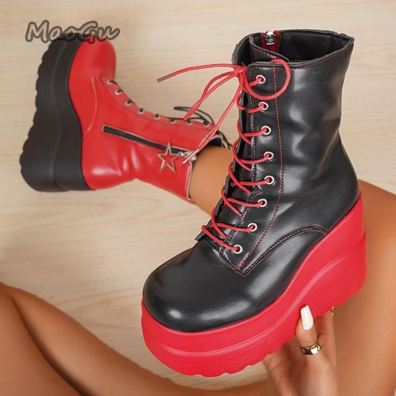Color Blocked Side Zip Wedge Heel Mid-Calf Boots  Thick Sole Punk Gothic Boots For Women Front Lace Up Platform Shoes Botas