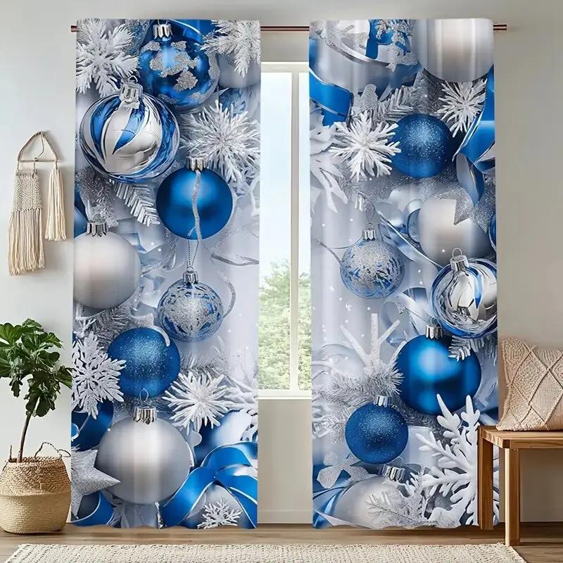 2pcs Elegant Blue Silver Christmas Ornament & Snowflake Pattern Curtains, Designed for Light Blocking, Premium Material, Suitabl