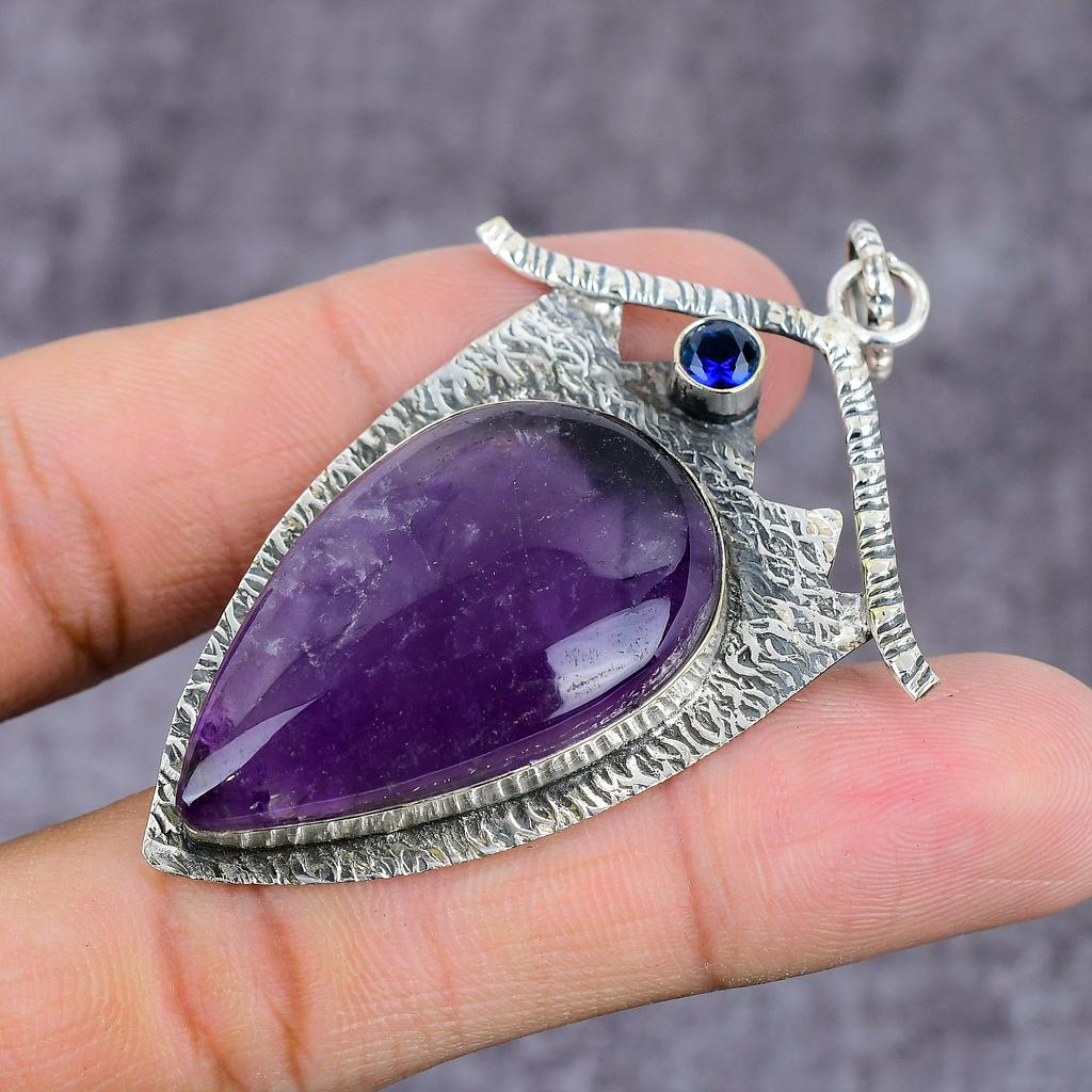 Natural Sage Amethyst, Topaz Handmade 925 Sterling Silver Pendant 2.17" L7K15