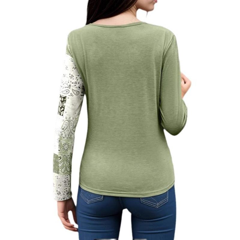 Autumn Tops Printed Patchwork Long-sleeved T-shirt Casual Street Tee Loose Clothes Female Clothin
