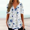 Women Summer T-shirt Flower Print V Neck Short Sleeves Loose Vintage Daily Wear Mid Length Plus Size Women Top Female Clothes