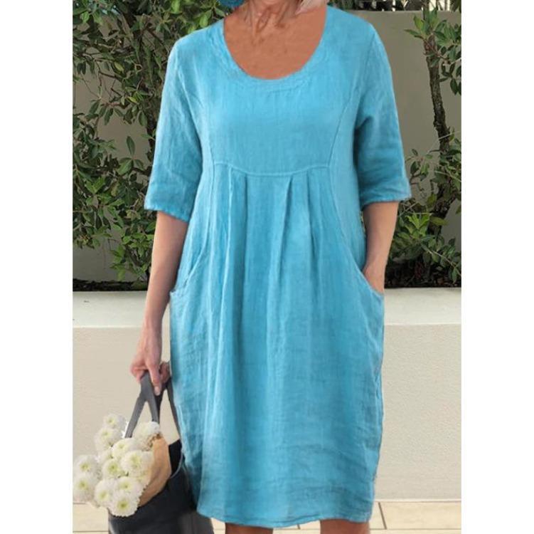 Women Loose Casual Cotton Linen Pleated Pocket Dress Short Sleeve Round Neck