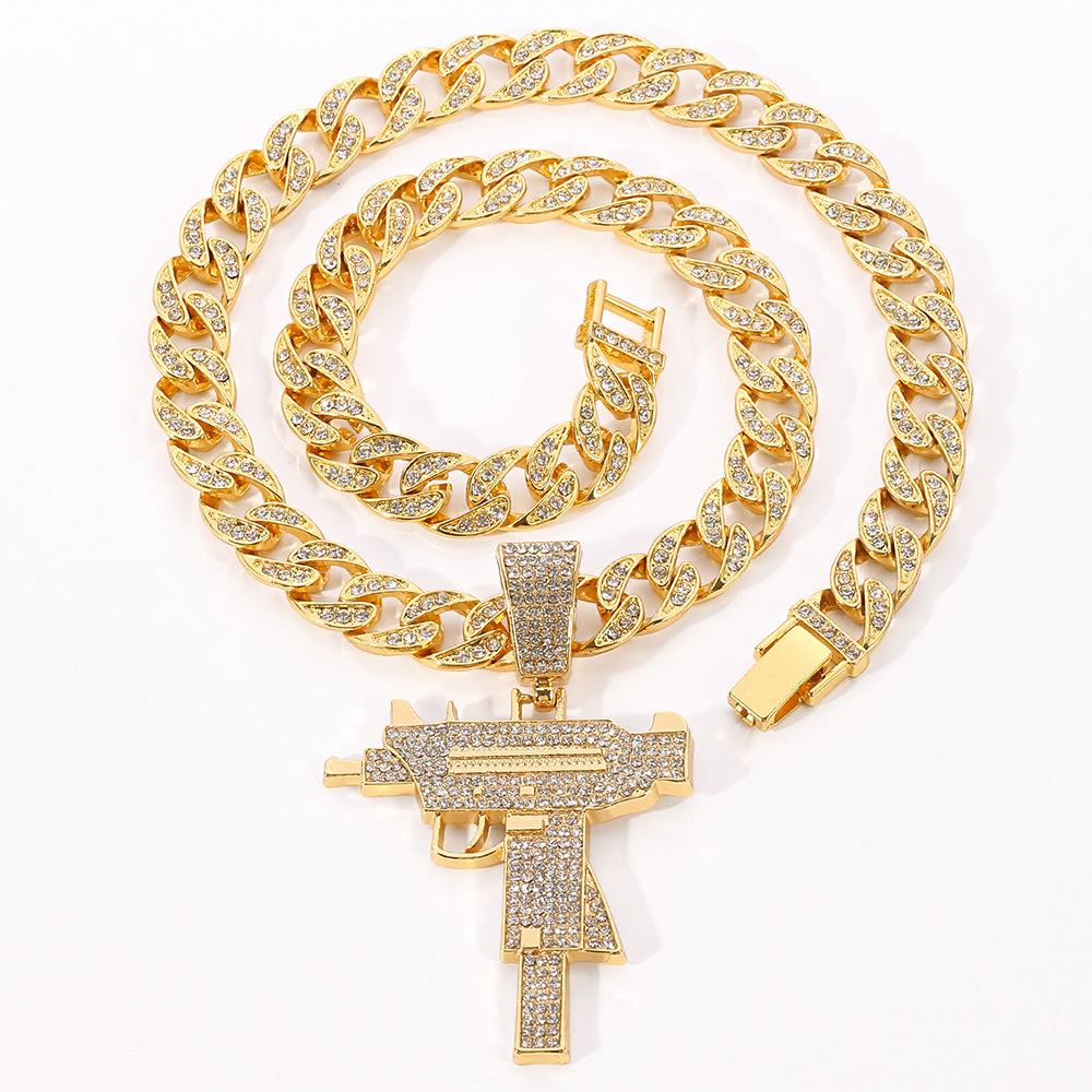 Einzigartiger Mode Große Waffe Iced Out Anhänger Cuban Link Kette Halskette, Silber/Gold Plated Hip Hop Iced Out Schmuck für Damen Party