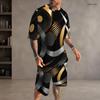 Men s Plus Size Dark Green Gold Printed Round Neck Short Sleeve Top And Shorts Two Piece Set