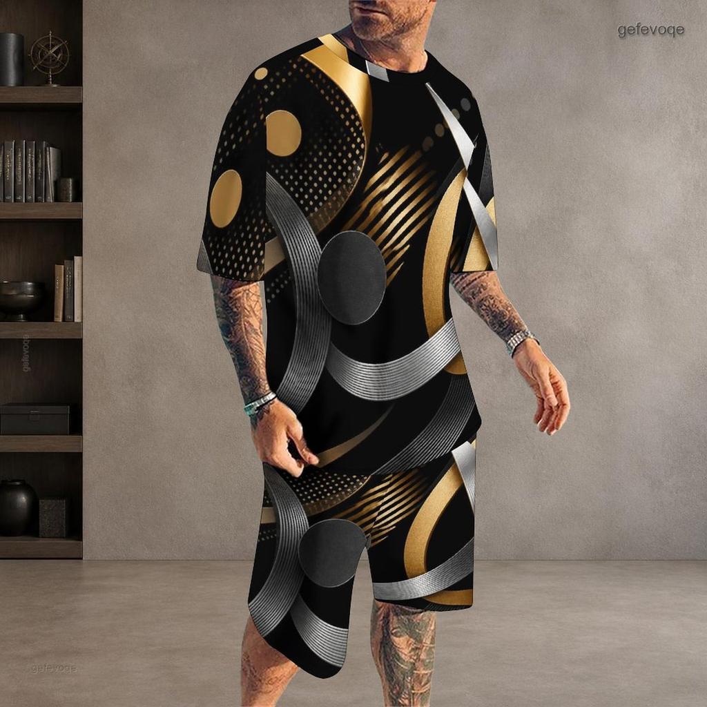 Men s Plus Size Dark Green Gold Printed Round Neck Short Sleeve Top And Shorts Two Piece Set