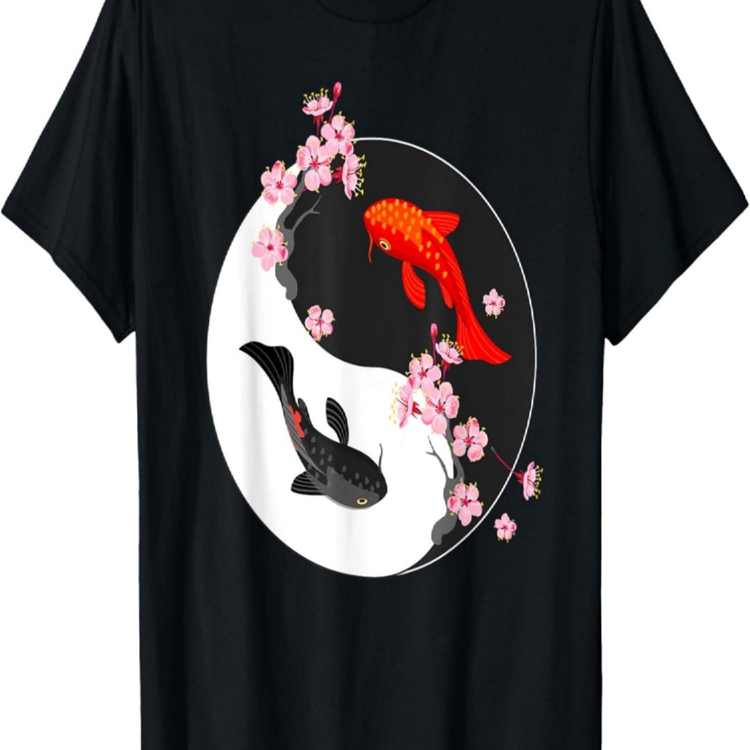 Yin Yang Koi Fish Design Cherry Blossom Meditation T-Shirt S чёрный