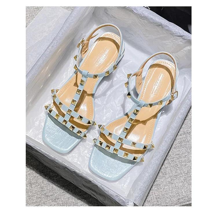 Women Modern Sandals Summer New Luxury Beautiful Rivet Band Leather Casual High Heels Shoes Sweet Pumps Big Size