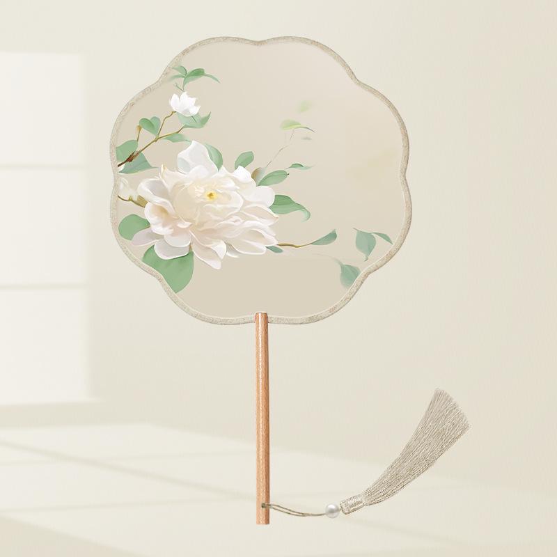 Girls' Summer Hanfu Dance Fan: Long Handle, Double-Sided Embroidered Round Fan for Traditional Costume