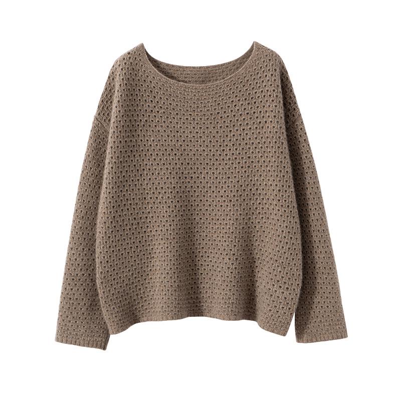 Solid Color Cashmere Hollowed-Out Retro Round Neck Long Sleeve Sweater - Autumn Winter Versatile Loose Knitwear