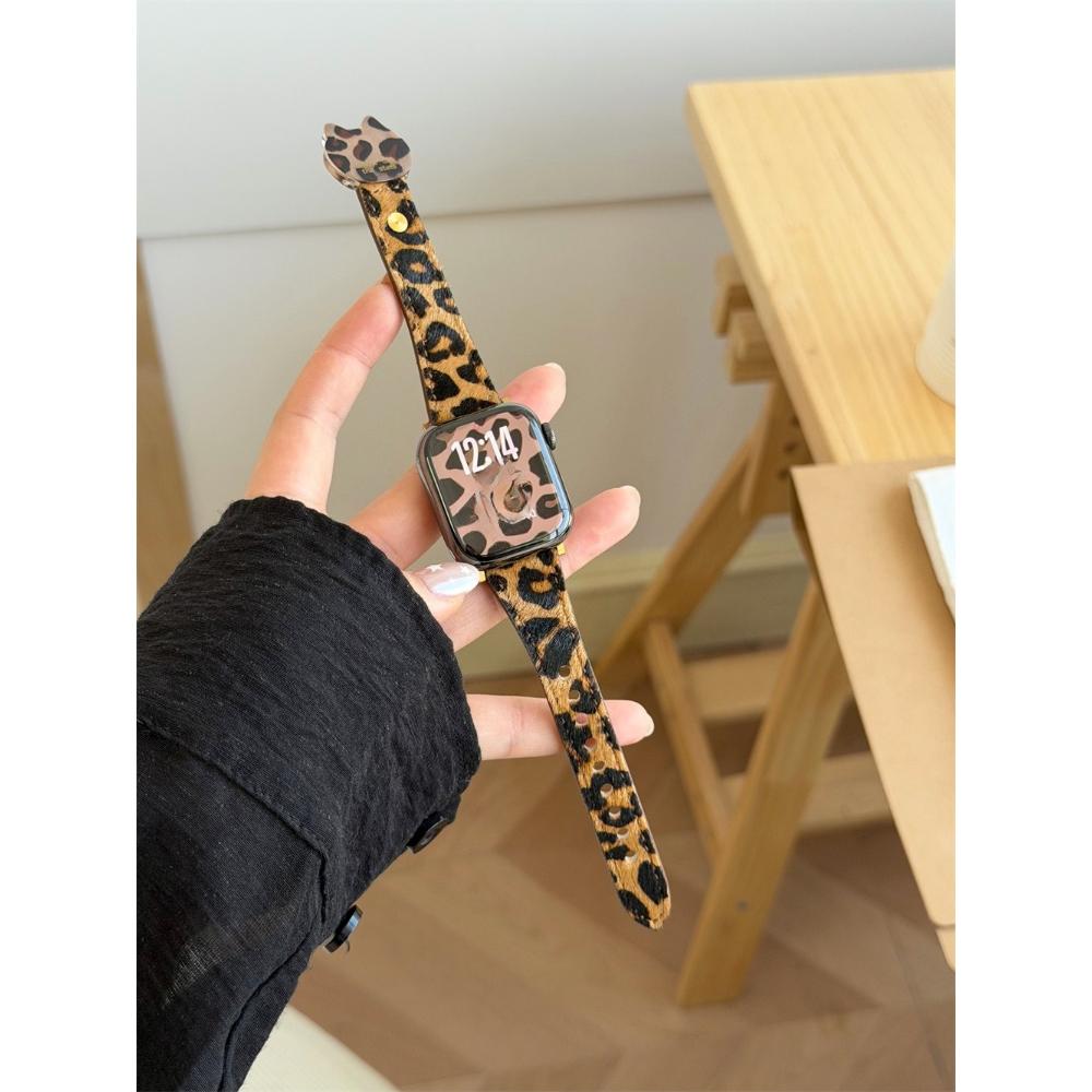 

Leopard Print Genuine Leather Strap for Apple Watch, Fits Ultra 2, 49/46/45/42/40mm, Leather Wristband for iWatch Series 11 / 10 / 9 / 8 / 7 / 6/ 5/SE 42/44/45/46/49 темно-коричневого кольору