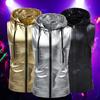 Yousheng Men Vest Hooded Drawstring Sleeveless Waistcoat with Pockets Shiny Solid Color Zipper Closure Vest Coat Streetwear