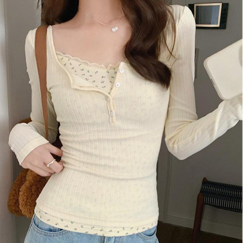 2KWEIRD T-shirts Women Floral Fake Two Pieces Korean Fashionable Designed All-match Hotsweet Y2k Tops High Street Basic Clothes Fairy