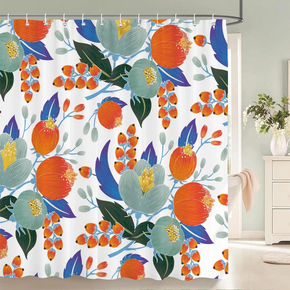 Plants and Floral Shower Curtain, Texture Fabric Bathroom Decor Watercolor Flowers and Plants Shower Curtians with Hooks