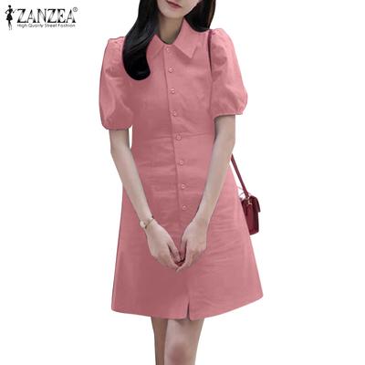 Women Turn Down Collar Short Sleeve Casual Shirt Dress