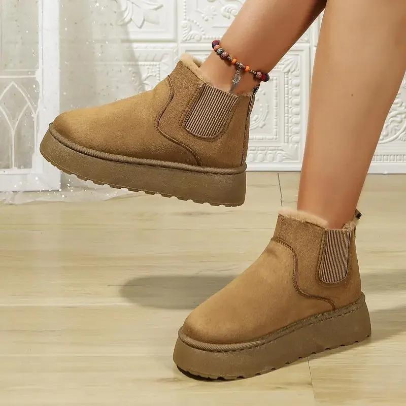 Fashion Hot Pink Thick Bottom Wedge Heel Warm Faux Fur Snow Boots Women Winter Short Plush Boots Woman Non Slip Cotton Chelsea Boots