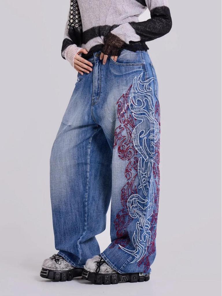 Y2K Embroidery Design Loose Floor-Length Unisex Jeans