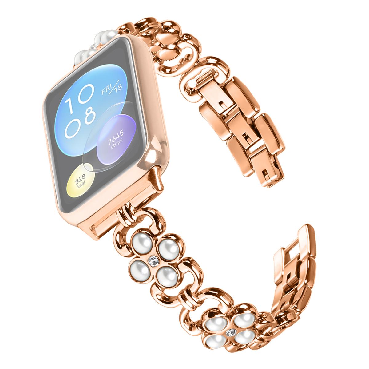 

Wholesale Watch Strap for Xiaomi Smart Band 8 Pro Pearl Decor Four Leaf Clover Stainless Steel Band Rose Gold