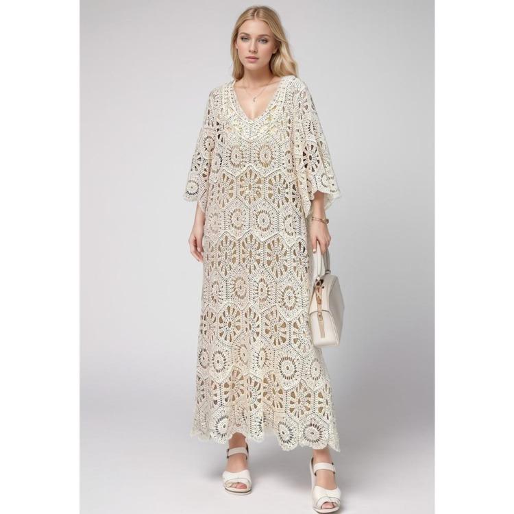

Новое летнее женское кружевное вязаное платье, повседневное свободное базовое модное с длинным рукавом, белое Диманаф One Size бежевый