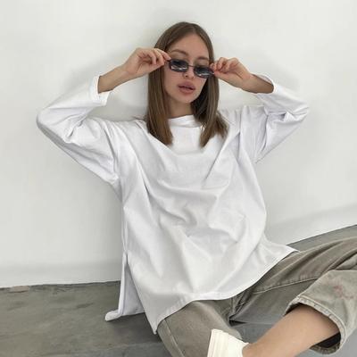 Women's Spring and Summer Loose Long Sleeve Split T-Shirt  Solid Colour Cotton Tops