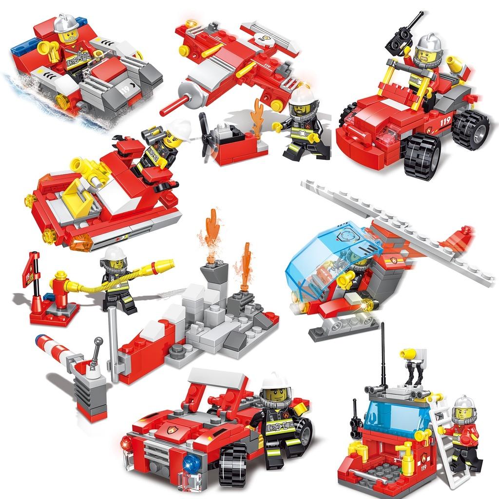 678pcs 8 In 3 City Fire Truck Fighting Building Blocks Set, Warship Deformable Combination Car Model W/8 Fireman Figures Bricks DIY Toys For Children
