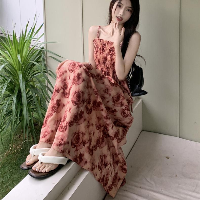 French Rose Print Lace Dress for Women Summer Autumn New Design Sense High Waist Wrapped Chic Strap Long Dresses