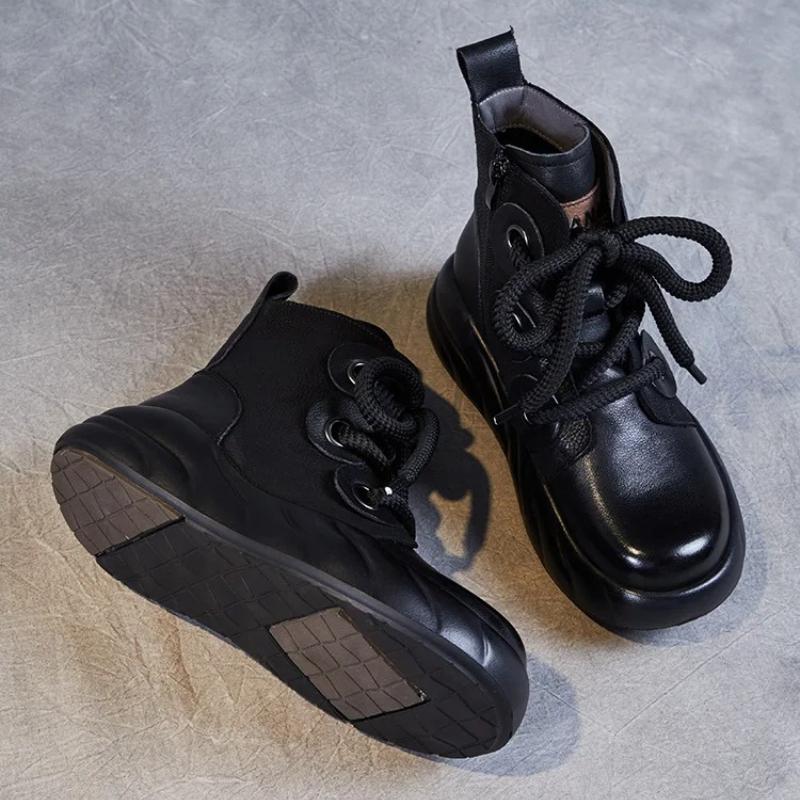 Johnature Genuine Leather Short Boots Retro Versatile Plush Warm Thick Bottom Side Zipper Women's Boots