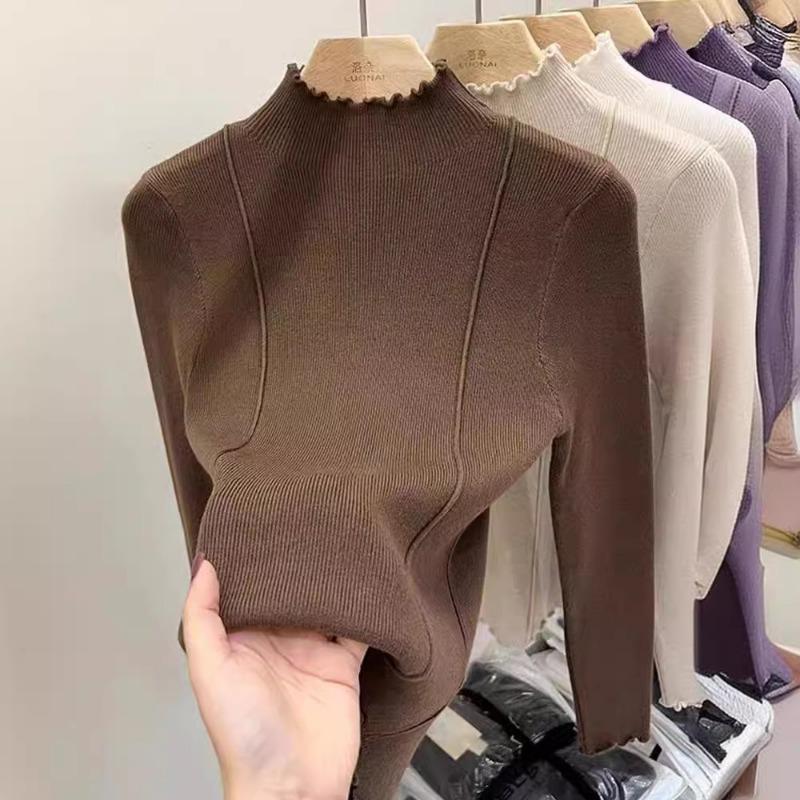 Wood ear edge knitted sweater women's solid color sweater autumn and winter new high-end slim-fit semi-turtleneck bottoming shirt