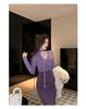 Purple Polka Dot V-Neck Two-Piece Long Dress with Cinched Waist and Slim Fit