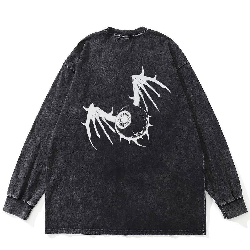 Streetwear Both Sides Funny Skeleton Graphic Washed Black T-Shirt Cotton Unisex Plus Size Long Sleeves T Shirt