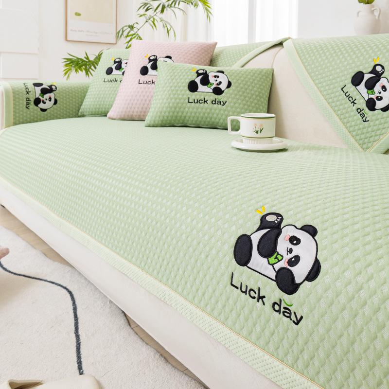 Summer Ice Silk Sofa Cover Panda Embroidered Cartoon Couch Cushion Home Decor Settee Cushion Solid Color Cool Feeling Sofa Cover