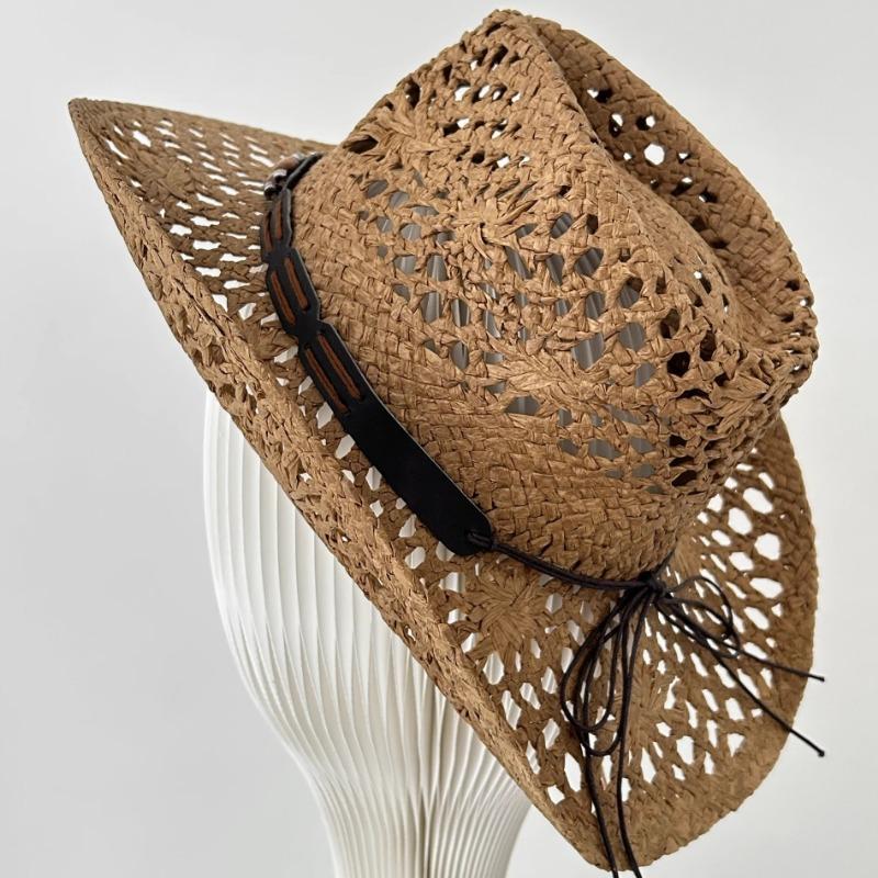 Ethnic Style Western Cowboy Straw Hats Women Handmade Hollowed Sun Hats Shapeable Beach Hat Panama with Detachable Chin Strap