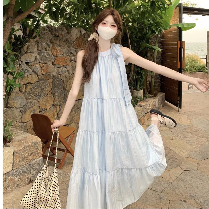 Seaside Vacation Wind Neck Sling Dress Women's Summer Gentle Wind Temperament Beach Dress Fairy Long Dress