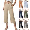Women Cropped Wide Leg Pants High Waist Linen Blend Trousers with Button and Pocket Detail for Casual Wear