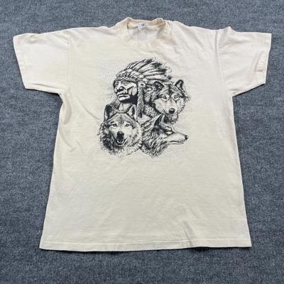 Vintage 90er Jahre Indianerhäuptling Kopf Wolf Kunst Shirt Medium 20x27 Beige