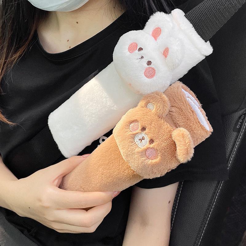 Car Seat Belt Shoulder Sleeve Cute Cartoon Bear Rabbit Interior Supplies Safety Belt Cover Plush Soft Car Accessories Interior