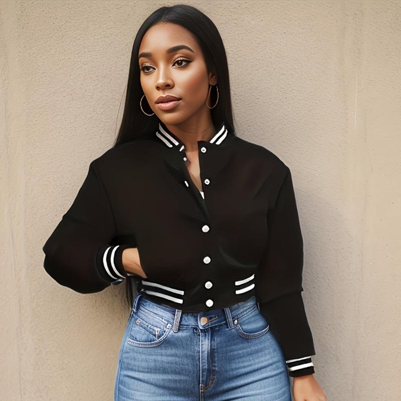 2024 Women's Solid Color Single-Breasted Baseball Jacket - European American Spring/Autumn Fashion
