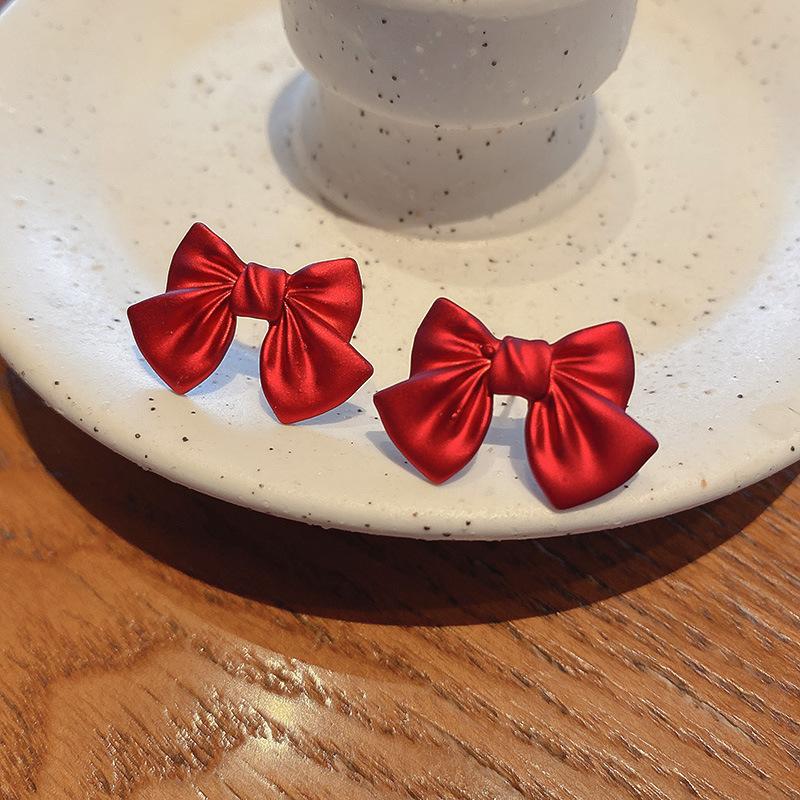 Silver Needle Red Bow Earrings New Versatile Earrings Niche Design Autumn and Winter Earrings Women