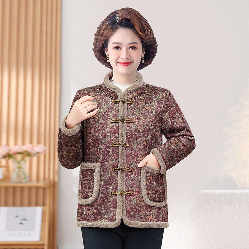 

Mid-Aged Women s Floral Velvet-Lined Cotton Jacket with Frog Buttons XL (Recommended 85-105 jin) червоний