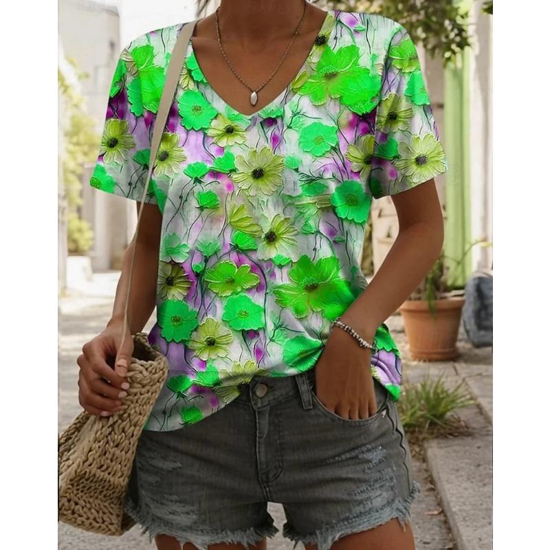 Summer V-neck 3D Printed Colorful Flower Pattern Top Fashionable Casual Short Sleeved Women's T-shirts