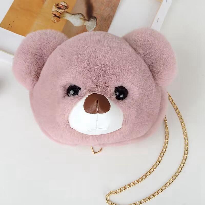 

Cute Plush Big head bear shoulder bag Fluffy Handbag Casual fashion student chain messenger bag Girls Party Gift