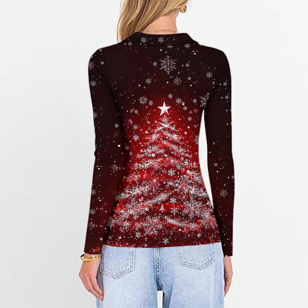 Damenmode Lässig Weihnachts-Print V-Ausschnitt Langarm Knopfleiste Oberteil