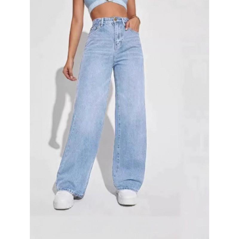 Damen Jeans mit hohem Bund, geradem Bein, lockerer Passform, lässiger Vintage-Stil, Baumwollmischung, lange Hose
