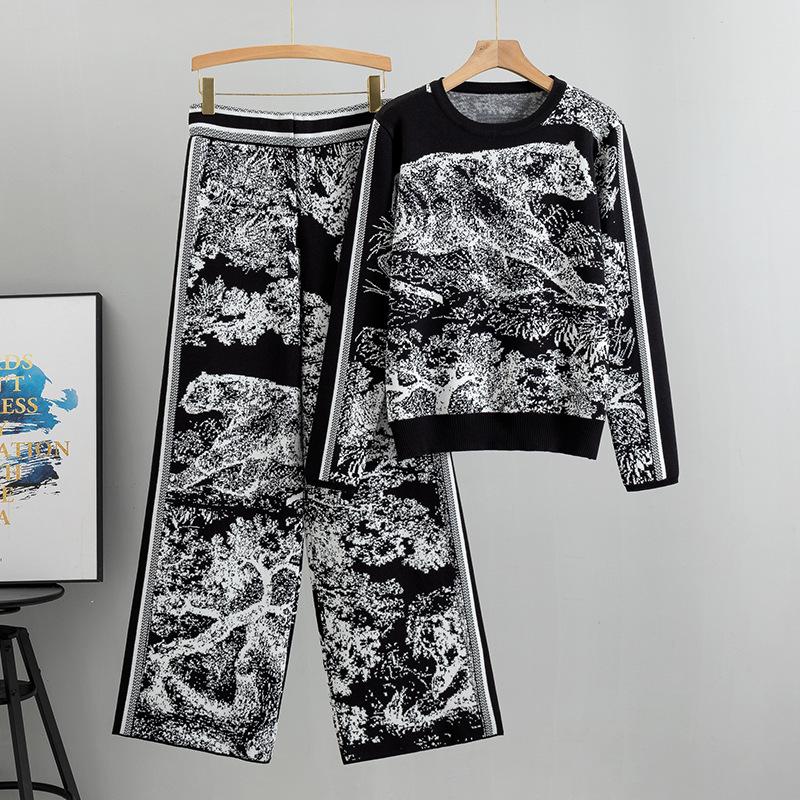 

Европейский и американский вязаный свитер с тигровым принтом и комплект брюк широкого кроя для женщин - Осенняя мода