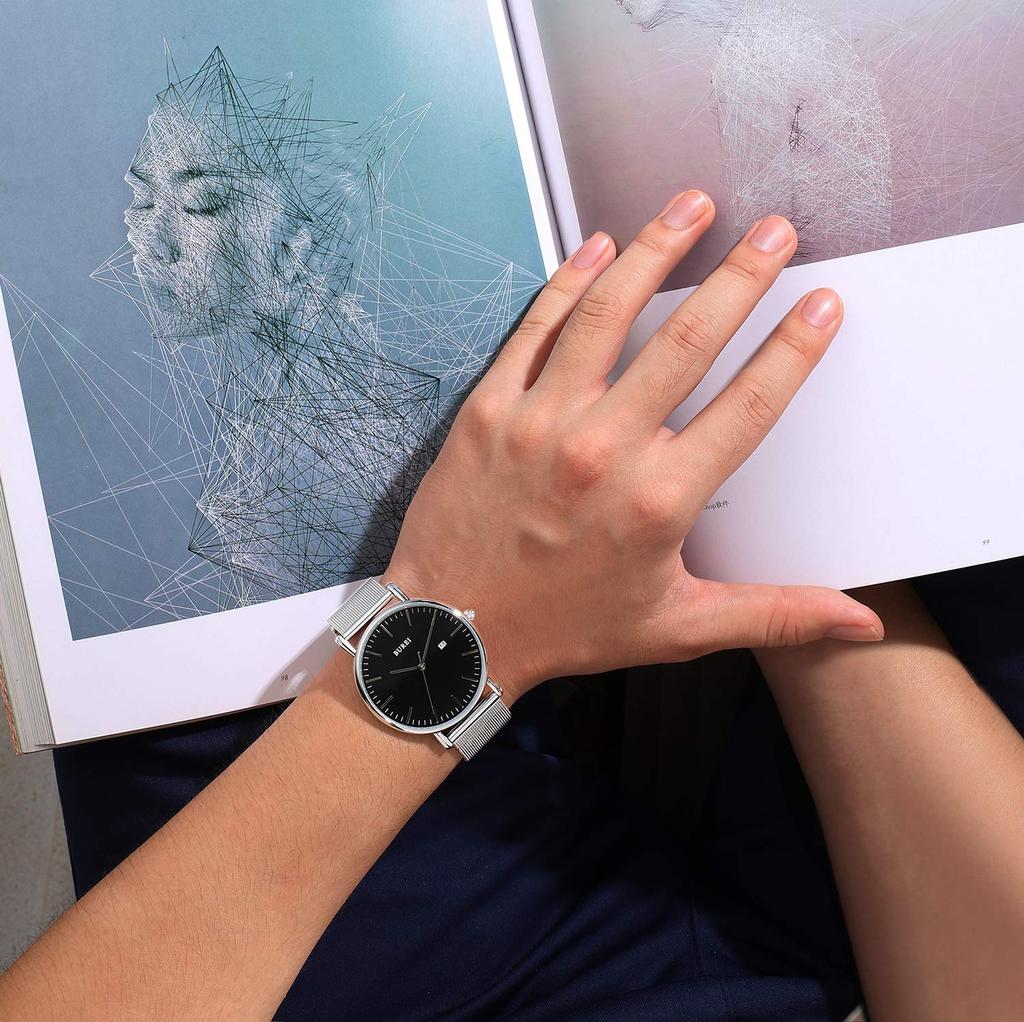 BUREI Men's Waterproof Analog Business Watch Milanese Mesh Band Stylish Silver Black Date