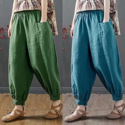 Women's Summer 100% Cotton Linen Lantern Pants - Casual, Loose, Nine-Point, Tie-Cuff Harem Style