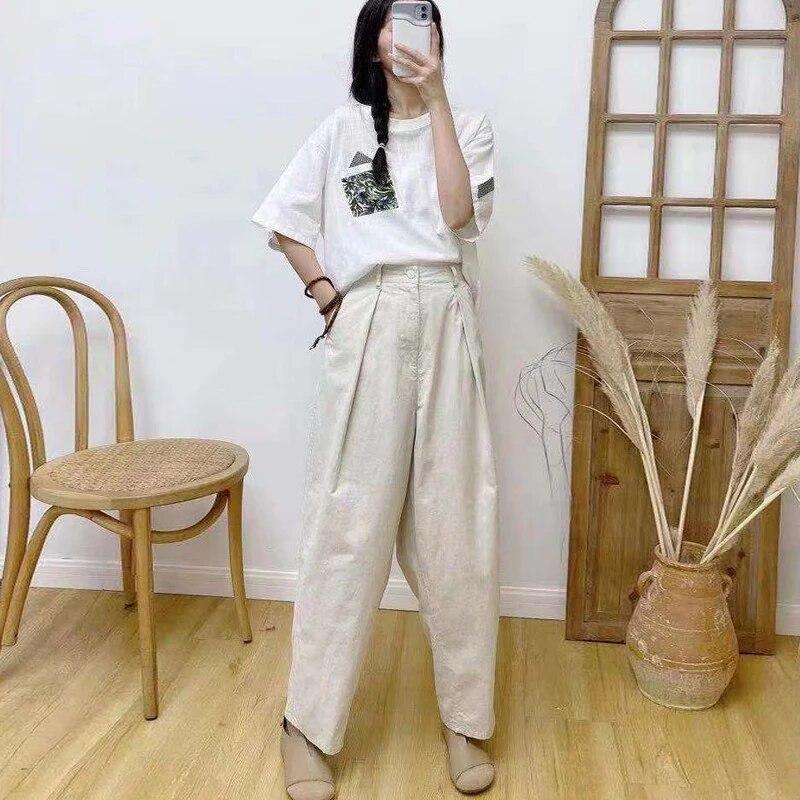 Johnature Vintage Women Pants Summer Casual Solid Color Pockets Ankle-length Harem Pants