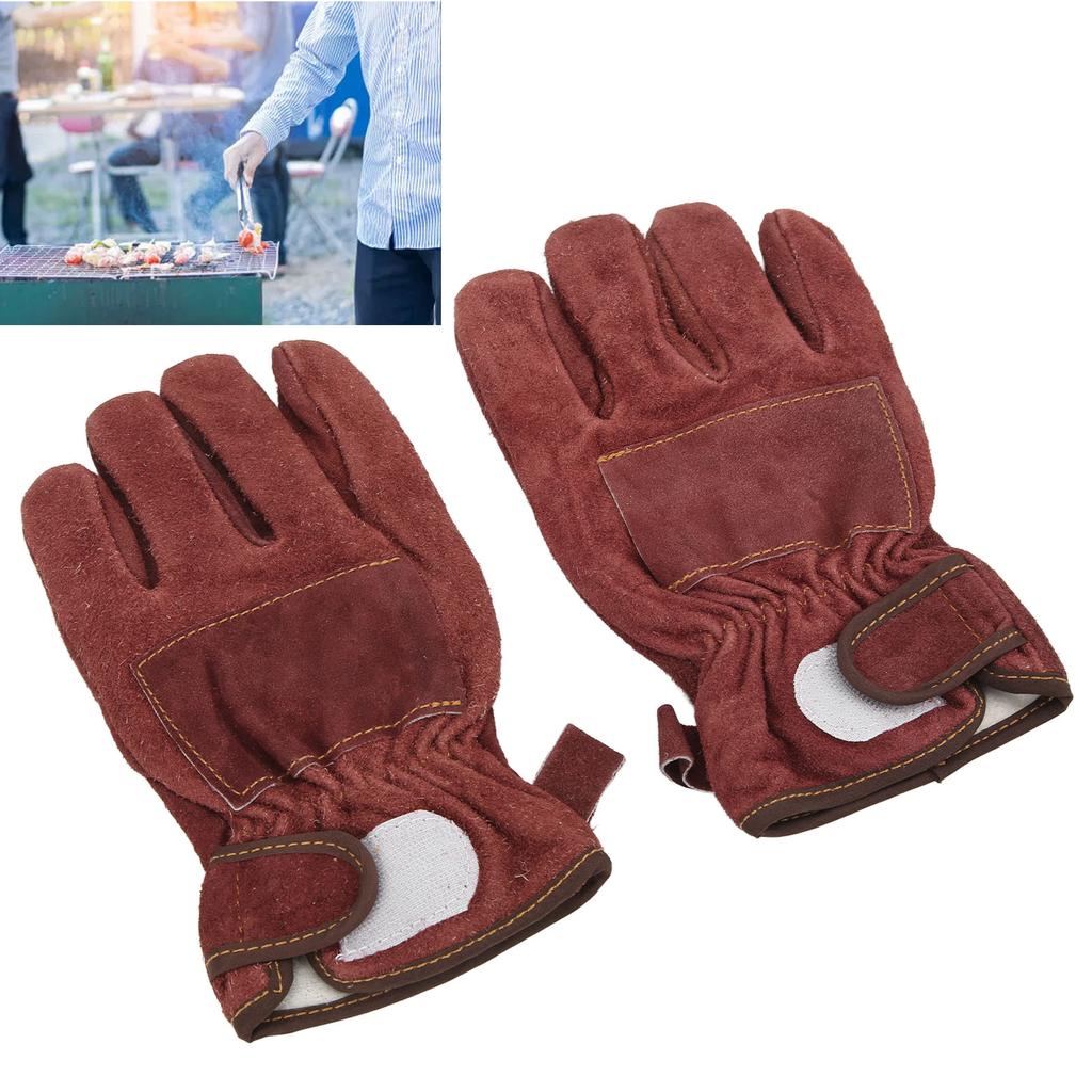 Heat Resistant Gloves Calf Leather Polyester Hand   BBQ Grill Oven Mitts Short Type