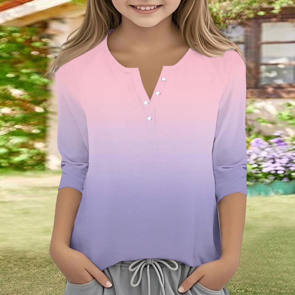 Print Tops For Youth Girls V Neck Button 3/4 Sleeves T-Shirts Trendy Tops Outfit Tees